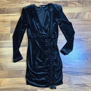 Zara Velvet Long‎ Sleeve Studded Ruched Ruffle Dress Size XS Side Zipper